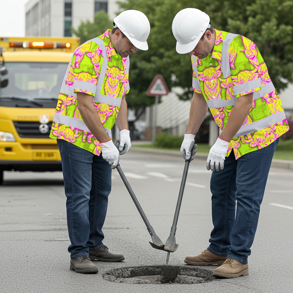Hi Vis Hawaiian Shirt Reflective Tapes Yellow Pink Cow Custom Name Safety Workwear For Workers, Truckers, Operators