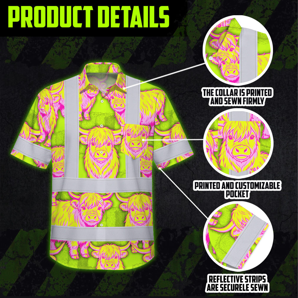 Hi Vis Hawaiian Shirt Reflective Tapes Yellow Pink Cow Custom Name Safety Workwear For Workers, Truckers, Operators