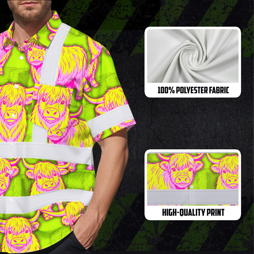 Hi Vis Hawaiian Shirt Reflective Tapes Yellow Pink Cow Custom Name Safety Workwear For Workers, Truckers, Operators