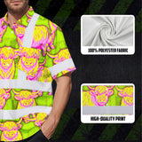 Hi Vis Hawaiian Shirt Reflective Tapes Yellow Pink Cow Custom Name Safety Workwear For Workers, Truckers, Operators