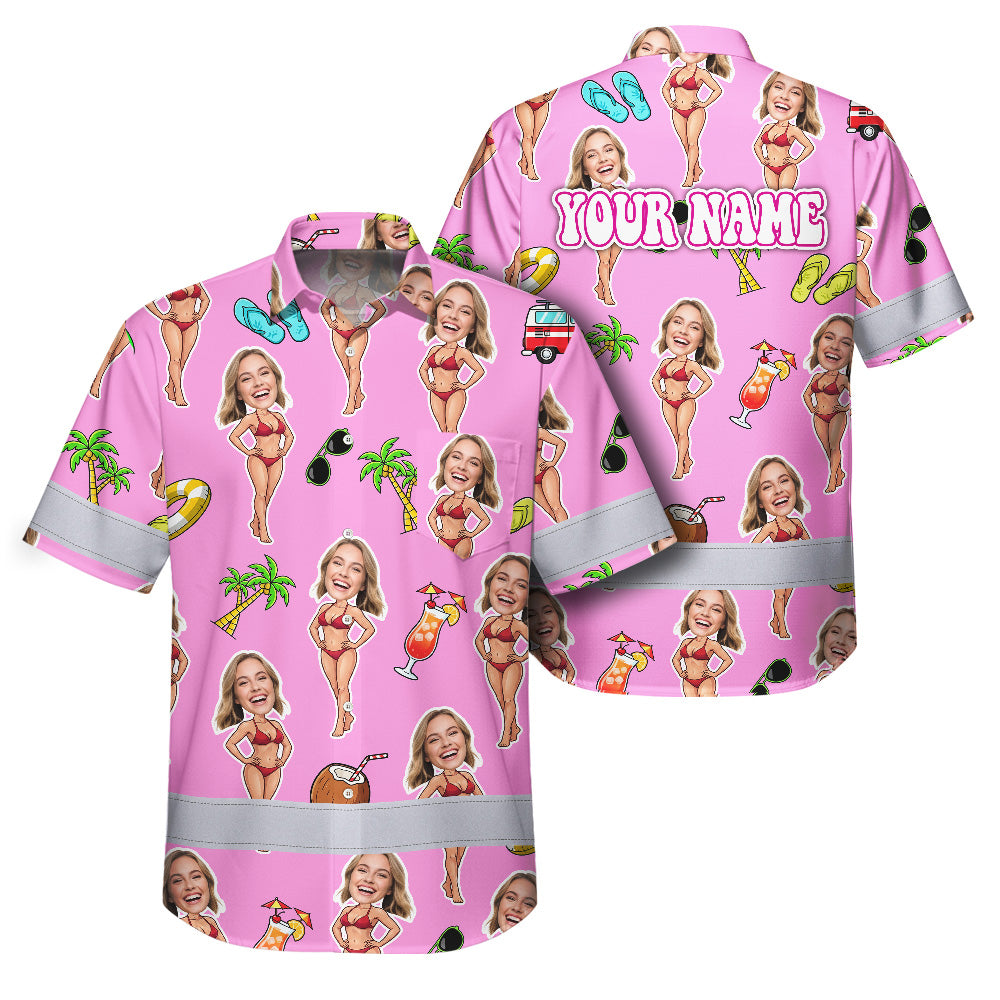 Hi Vis Hawaiian Shirt Reflective Tapes Pink Girl Beach Custom Name And Image Safety Workwear For Workers, Truckers, Operators