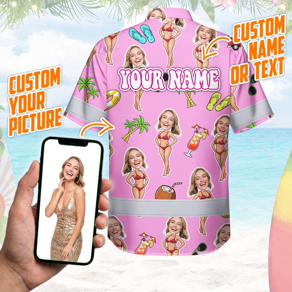 Hi Vis Hawaiian Shirt Reflective Tapes Pink Girl Beach Custom Name And Image Safety Workwear For Workers, Truckers, Operators