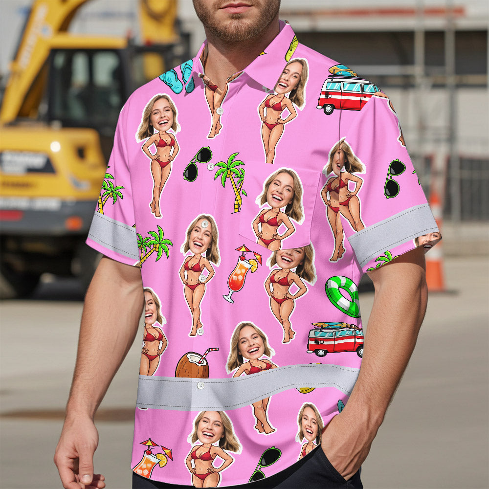 Hi Vis Hawaiian Shirt Reflective Tapes Pink Girl Beach Custom Name And Image Safety Workwear For Workers, Truckers, Operators