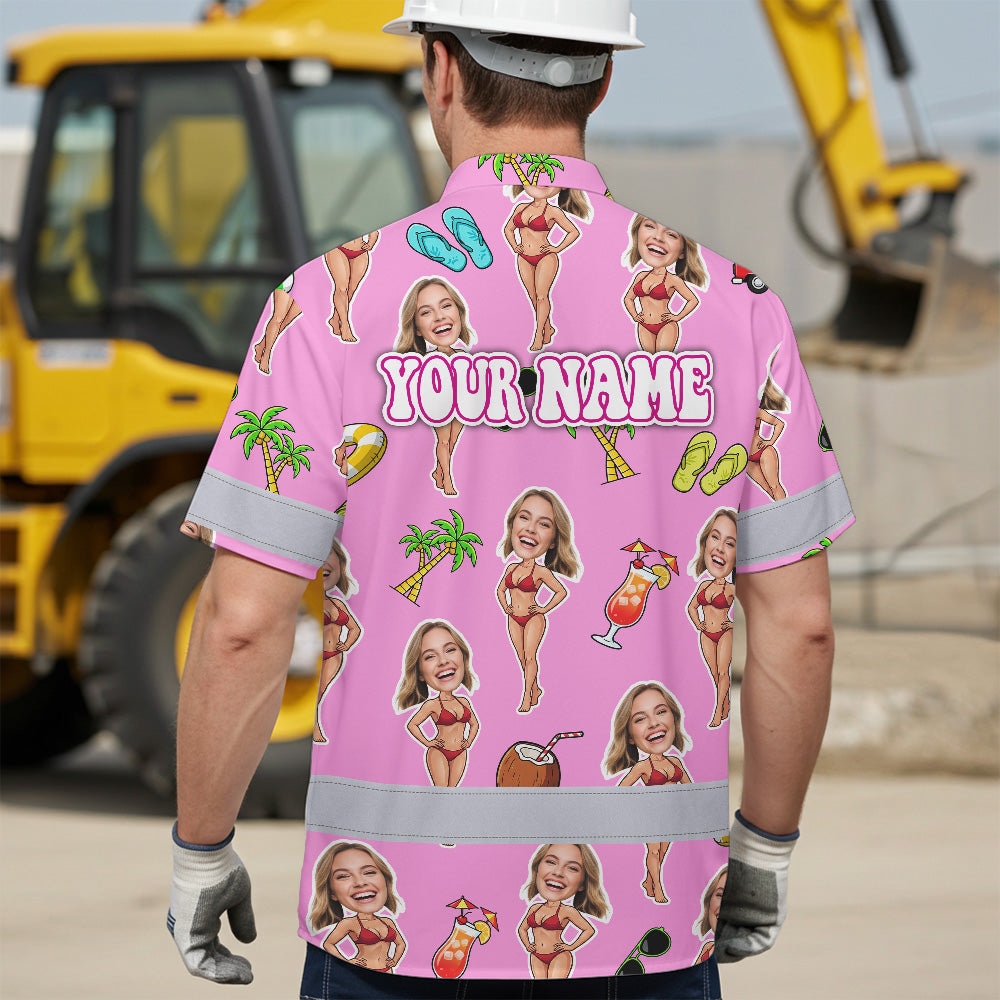 Hi Vis Hawaiian Shirt Reflective Tapes Pink Girl Beach Custom Name And Image Safety Workwear For Workers, Truckers, Operators