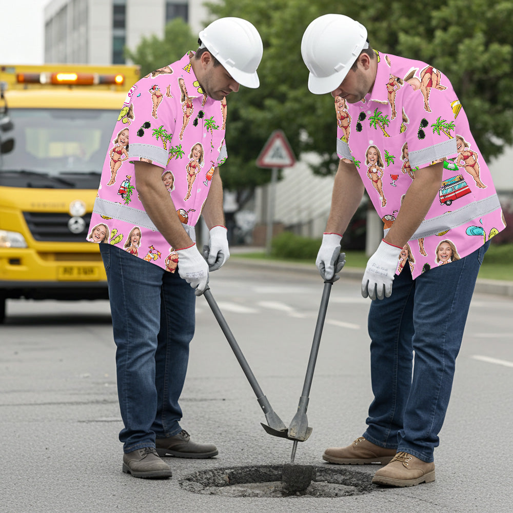 Hi Vis Hawaiian Shirt Reflective Tapes Pink Girl Beach Custom Name And Image Safety Workwear For Workers, Truckers, Operators