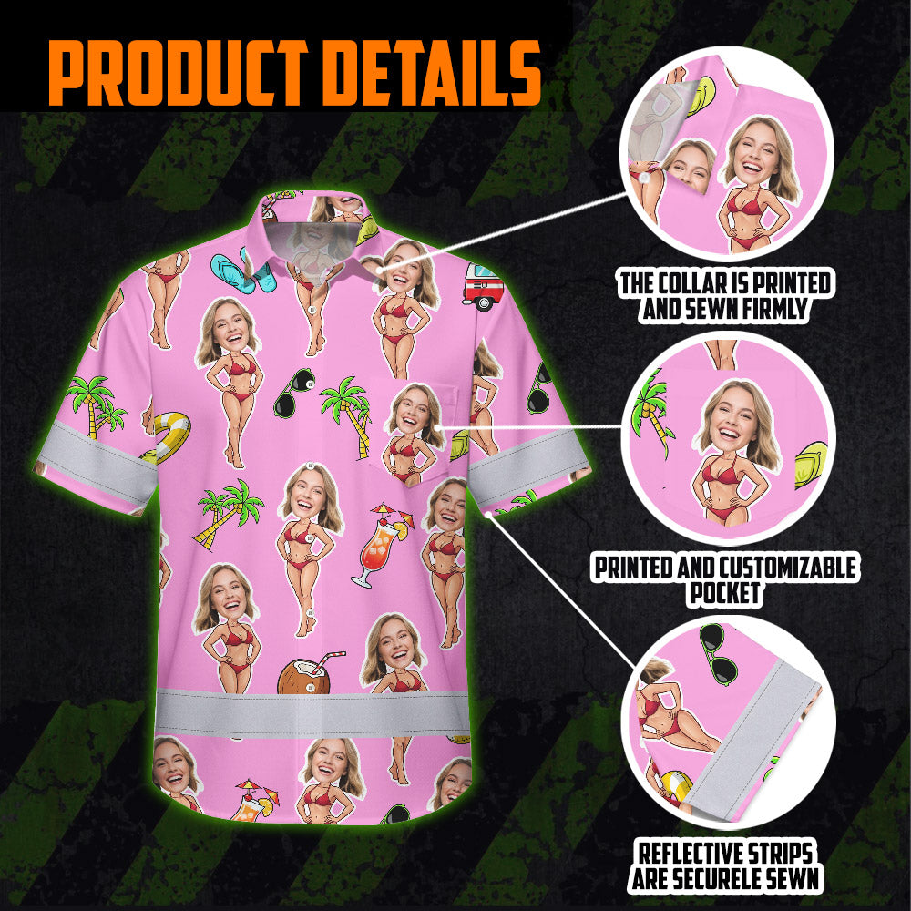 Hi Vis Hawaiian Shirt Reflective Tapes Pink Girl Beach Custom Name And Image Safety Workwear For Workers, Truckers, Operators