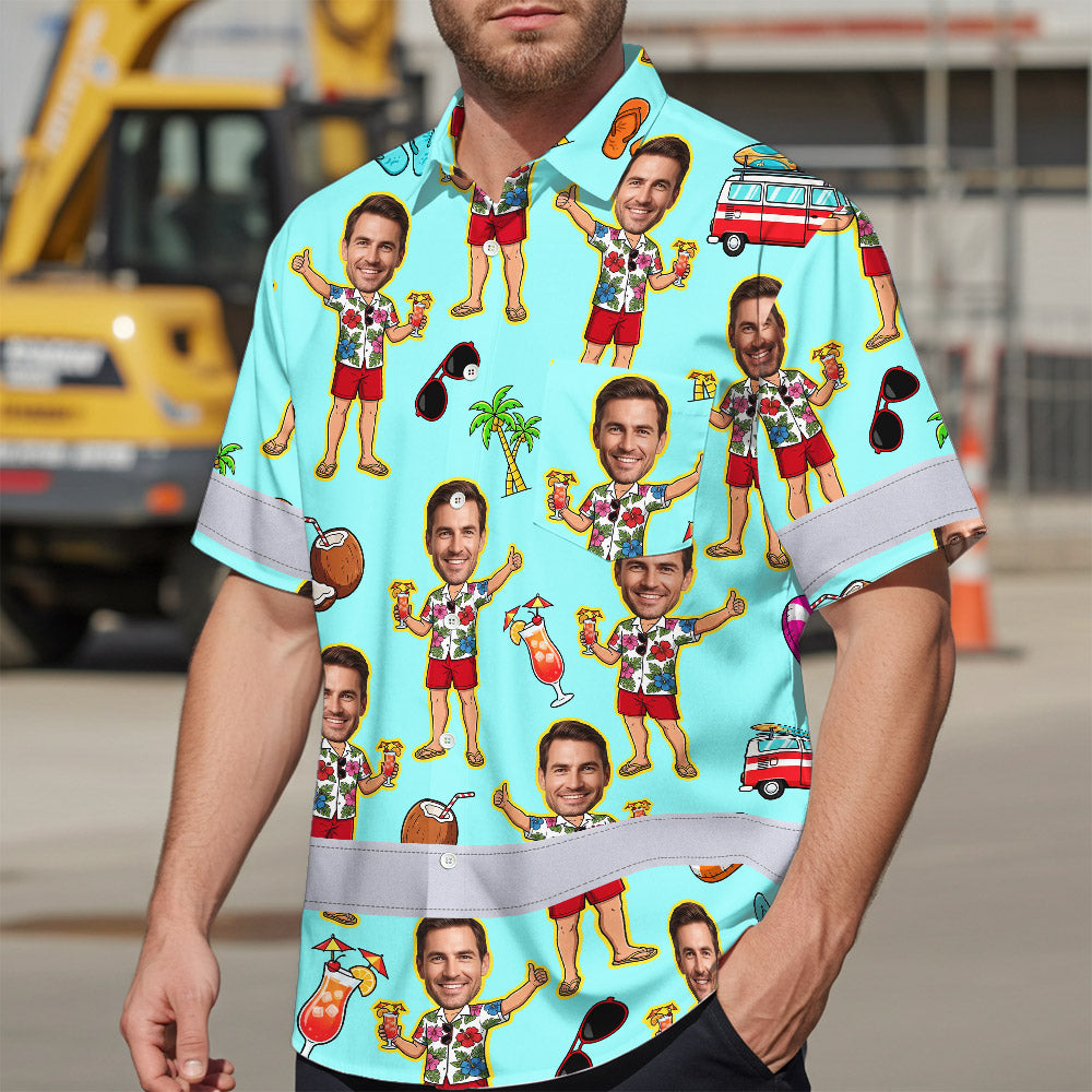 Hi Vis Hawaiian Shirt Reflective Tapes Blue Men Beach Custom Name And Image Safety Workwear For Workers, Truckers, Operators