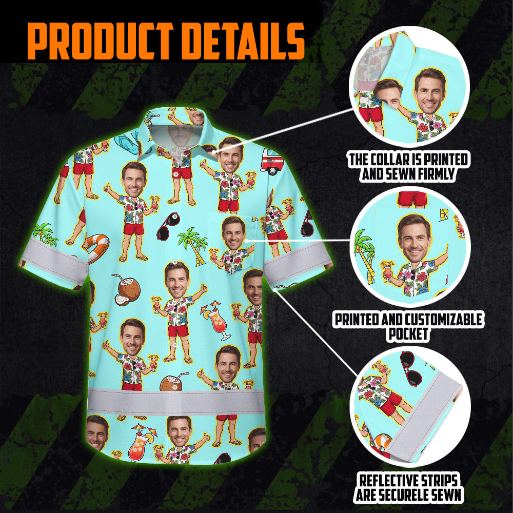 Hi Vis Hawaiian Shirt Reflective Tapes Blue Men Beach Custom Name And Image Safety Workwear For Workers, Truckers, Operators