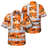 Hi Vis Hawaiian Shirt Reflective Tapes Orange Neon Shark Custom Name Safety Workwear For Mechanics, Workers, Truckers, Operators