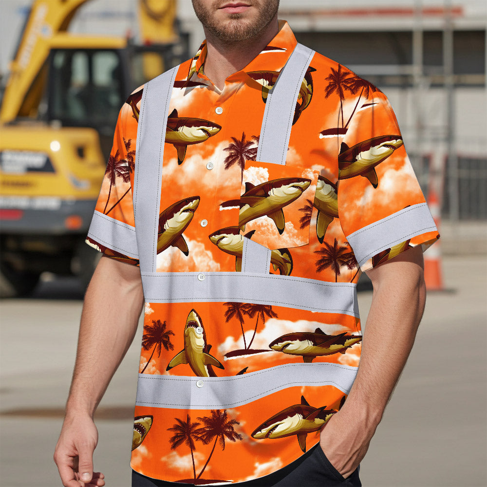 Hi Vis Hawaiian Shirt Reflective Tapes Orange Neon Shark Custom Name Safety Workwear For Mechanics, Workers, Truckers, Operators