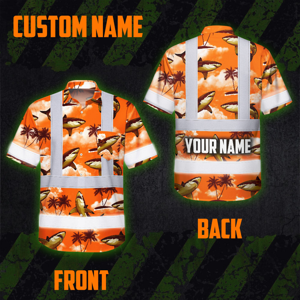 Hi Vis Hawaiian Shirt Reflective Tapes Orange Neon Shark Custom Name Safety Workwear For Mechanics, Workers, Truckers, Operators