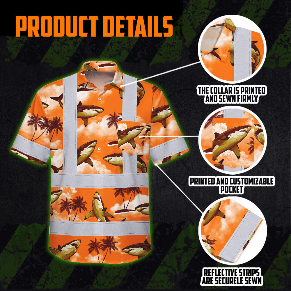 Hi Vis Hawaiian Shirt Reflective Tapes Orange Neon Shark Custom Name Safety Workwear For Mechanics, Workers, Truckers, Operators