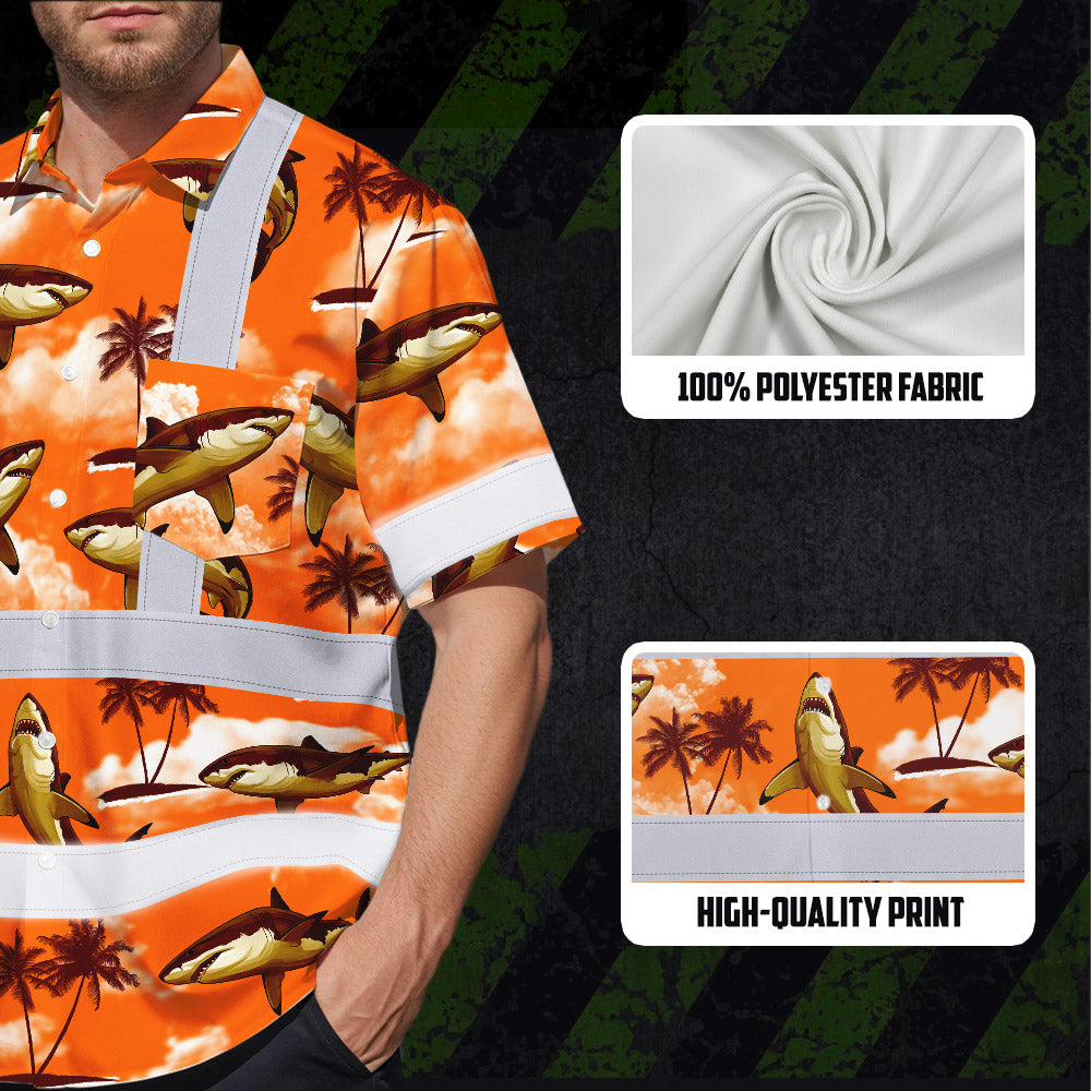 Hi Vis Hawaiian Shirt Reflective Tapes Orange Neon Shark Custom Name Safety Workwear For Mechanics, Workers, Truckers, Operators
