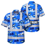 Hi Vis Hawaiian Shirt Reflective Tapes Blue Neon Shark Custom Name Safety Workwear For Mechanics, Workers, Truckers, Operators