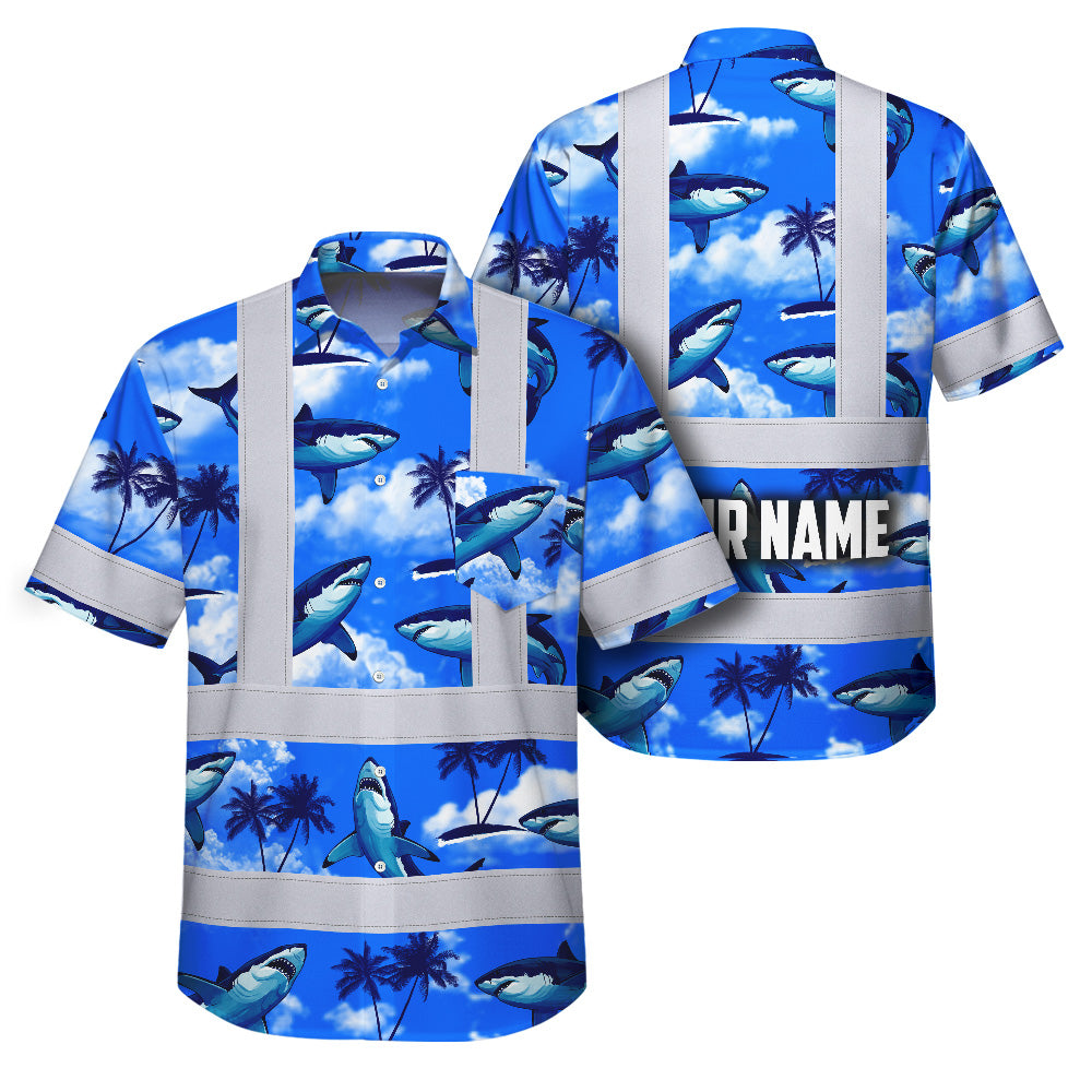 Hi Vis Hawaiian Shirt Reflective Tapes Blue Neon Shark Custom Name Safety Workwear For Mechanics, Workers, Truckers, Operators