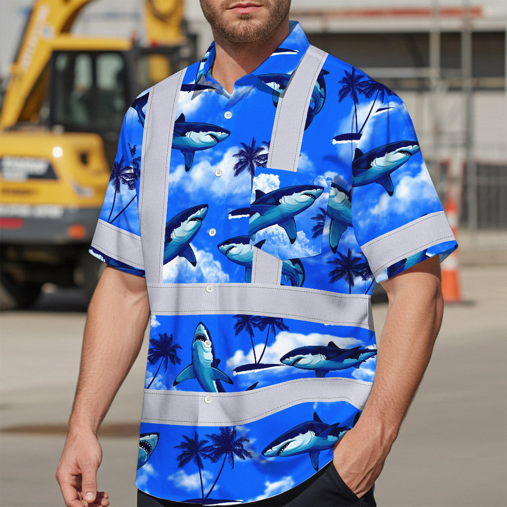 Hi Vis Hawaiian Shirt Reflective Tapes Blue Neon Shark Custom Name Safety Workwear For Mechanics, Workers, Truckers, Operators