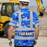 Hi Vis Hawaiian Shirt Reflective Tapes Blue Neon Shark Custom Name Safety Workwear For Mechanics, Workers, Truckers, Operators