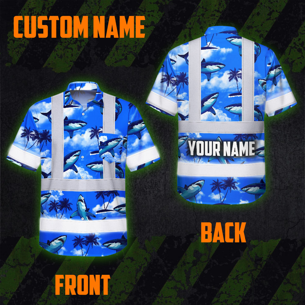 Hi Vis Hawaiian Shirt Reflective Tapes Blue Neon Shark Custom Name Safety Workwear For Mechanics, Workers, Truckers, Operators