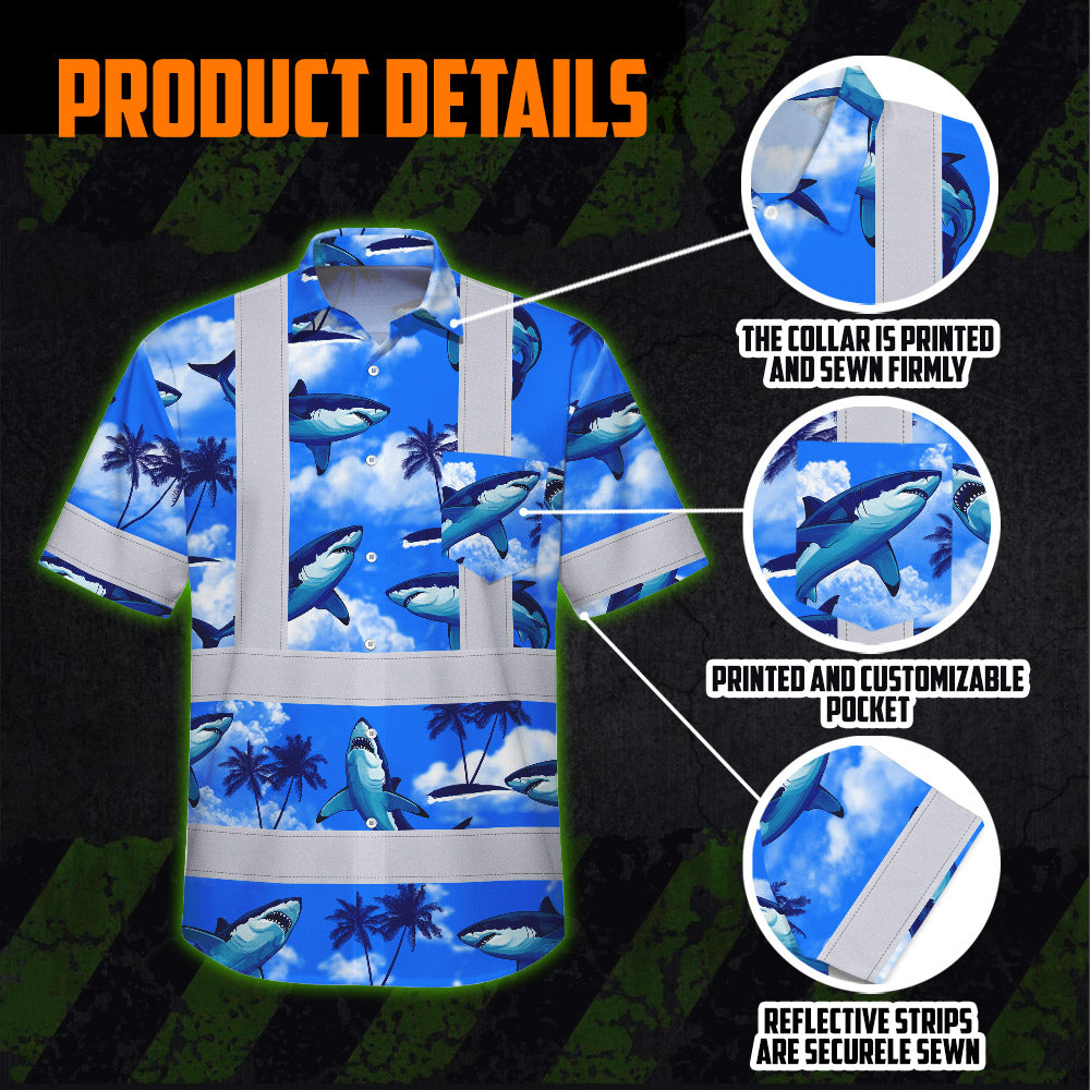 Hi Vis Hawaiian Shirt Reflective Tapes Blue Neon Shark Custom Name Safety Workwear For Mechanics, Workers, Truckers, Operators