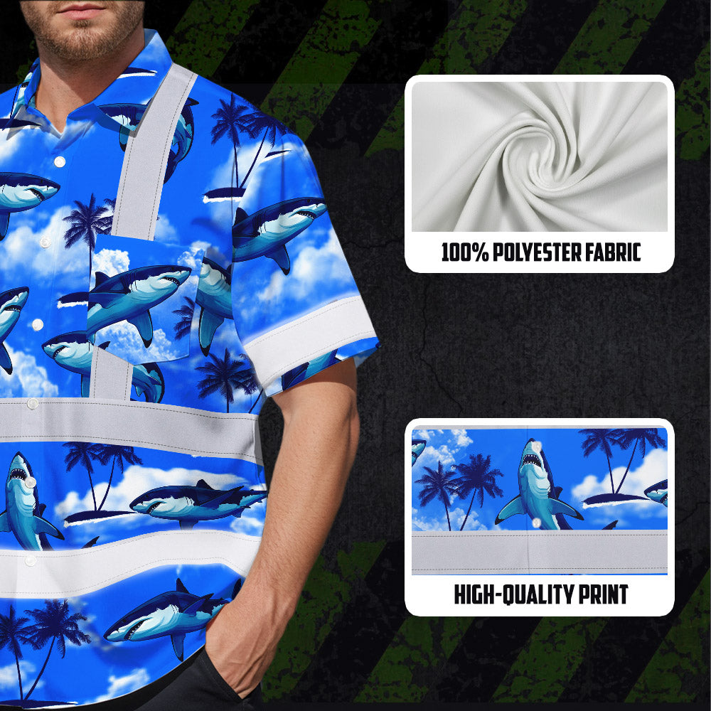 Hi Vis Hawaiian Shirt Reflective Tapes Blue Neon Shark Custom Name Safety Workwear For Mechanics, Workers, Truckers, Operators
