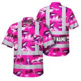 Hi Vis Hawaiian Shirt Reflective Tapes Pink Neon Shark Custom Name Safety Workwear For Mechanics, Workers, Truckers, Operators