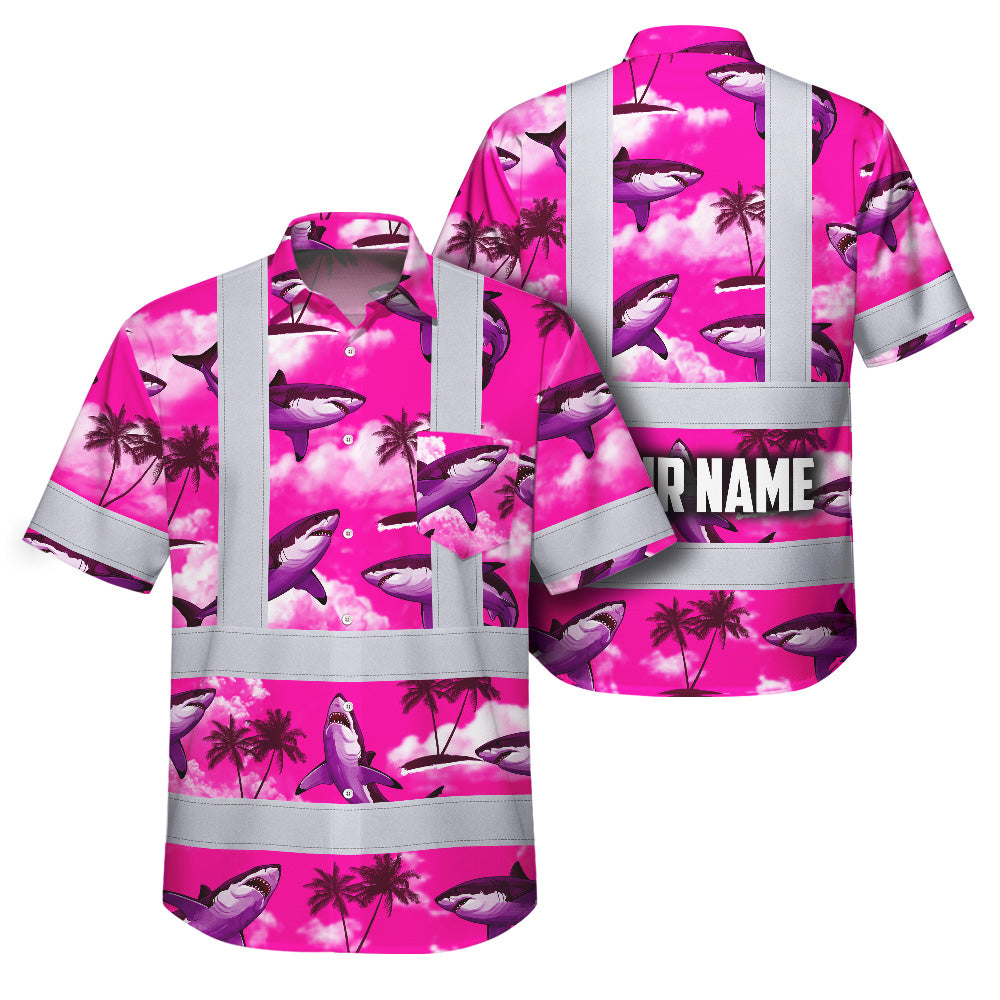 Hi Vis Hawaiian Shirt Reflective Tapes Pink Neon Shark Custom Name Safety Workwear For Mechanics, Workers, Truckers, Operators