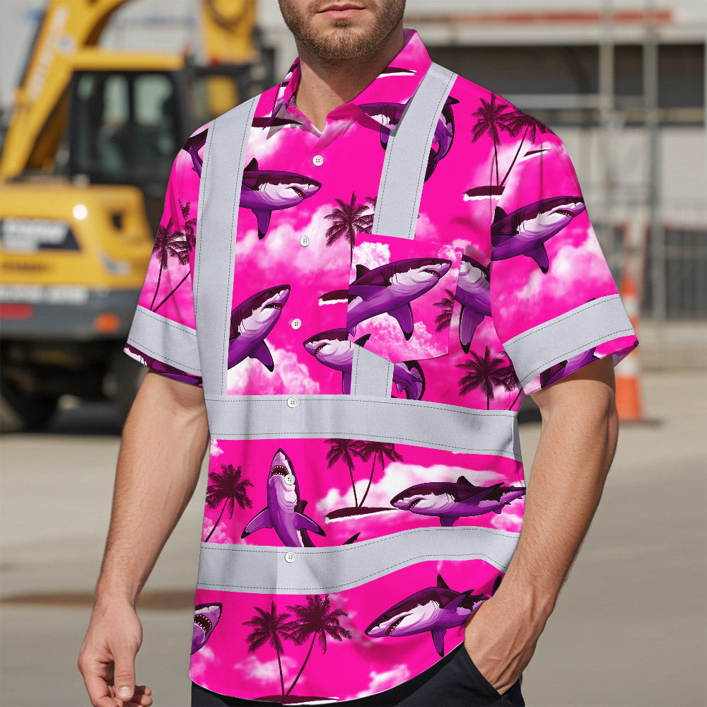 Hi Vis Hawaiian Shirt Reflective Tapes Pink Neon Shark Custom Name Safety Workwear For Mechanics, Workers, Truckers, Operators