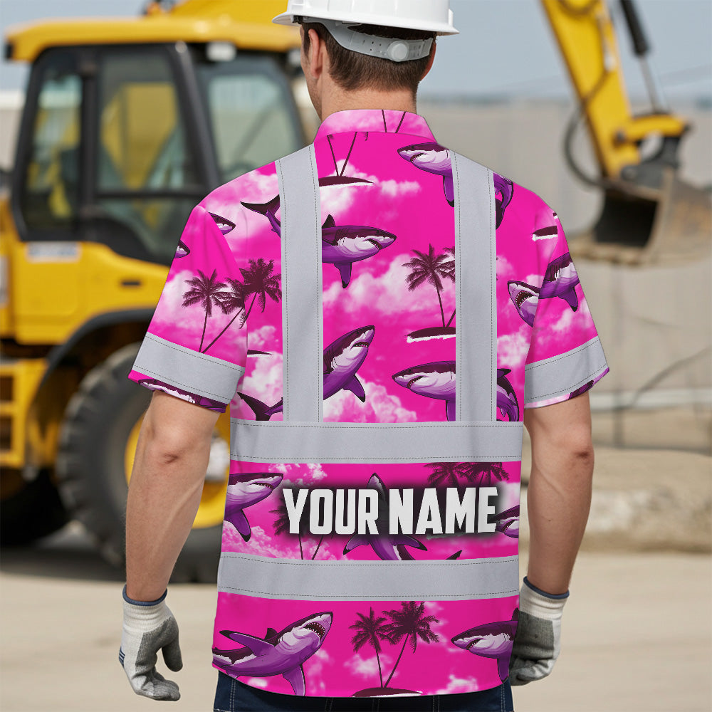 Hi Vis Hawaiian Shirt Reflective Tapes Pink Neon Shark Custom Name Safety Workwear For Mechanics, Workers, Truckers, Operators