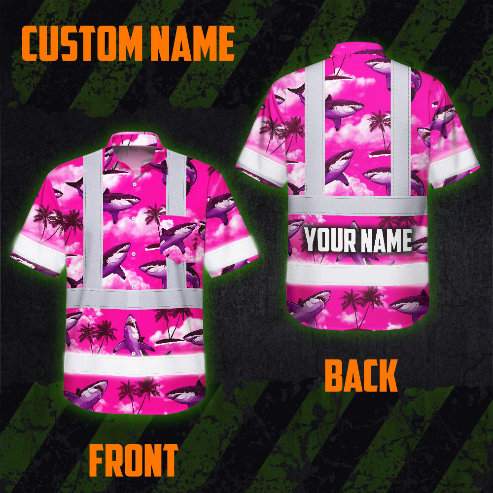 Hi Vis Hawaiian Shirt Reflective Tapes Pink Neon Shark Custom Name Safety Workwear For Mechanics, Workers, Truckers, Operators