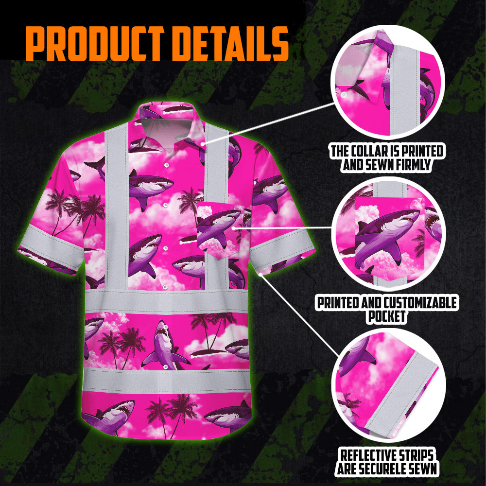 Hi Vis Hawaiian Shirt Reflective Tapes Pink Neon Shark Custom Name Safety Workwear For Mechanics, Workers, Truckers, Operators