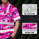 Hi Vis Hawaiian Shirt Reflective Tapes Pink Neon Shark Custom Name Safety Workwear For Mechanics, Workers, Truckers, Operators