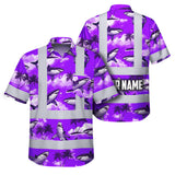 Hi Vis Hawaiian Shirt Reflective Tapes Violet Neon Shark Custom Name Safety Workwear For Mechanics, Workers, Truckers, Operators