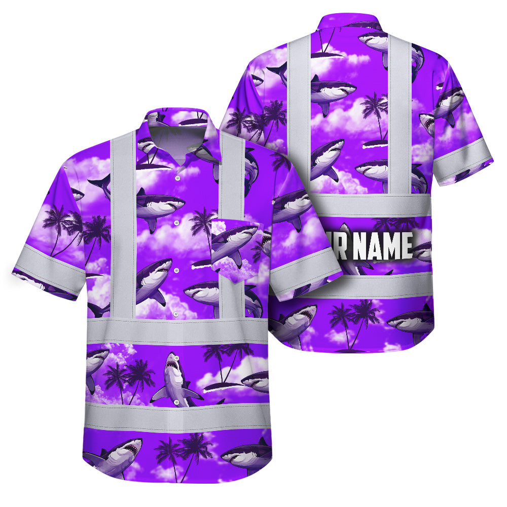 Hi Vis Hawaiian Shirt Reflective Tapes Violet Neon Shark Custom Name Safety Workwear For Mechanics, Workers, Truckers, Operators