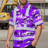 Hi Vis Hawaiian Shirt Reflective Tapes Violet Neon Shark Custom Name Safety Workwear For Mechanics, Workers, Truckers, Operators