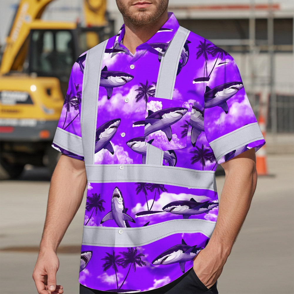 Hi Vis Hawaiian Shirt Reflective Tapes Violet Neon Shark Custom Name Safety Workwear For Mechanics, Workers, Truckers, Operators