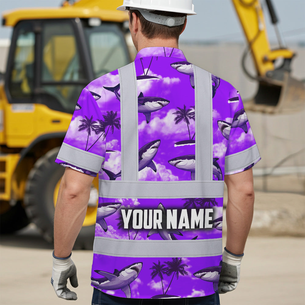 Hi Vis Hawaiian Shirt Reflective Tapes Violet Neon Shark Custom Name Safety Workwear For Mechanics, Workers, Truckers, Operators