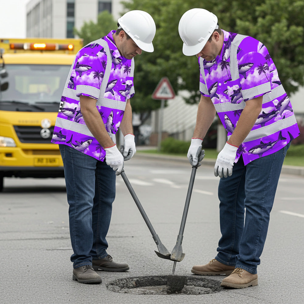 Hi Vis Hawaiian Shirt Reflective Tapes Violet Neon Shark Custom Name Safety Workwear For Mechanics, Workers, Truckers, Operators