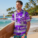 Hi Vis Hawaiian Shirt Reflective Tapes Violet Neon Shark Custom Name Safety Workwear For Mechanics, Workers, Truckers, Operators