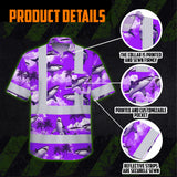 Hi Vis Hawaiian Shirt Reflective Tapes Violet Neon Shark Custom Name Safety Workwear For Mechanics, Workers, Truckers, Operators