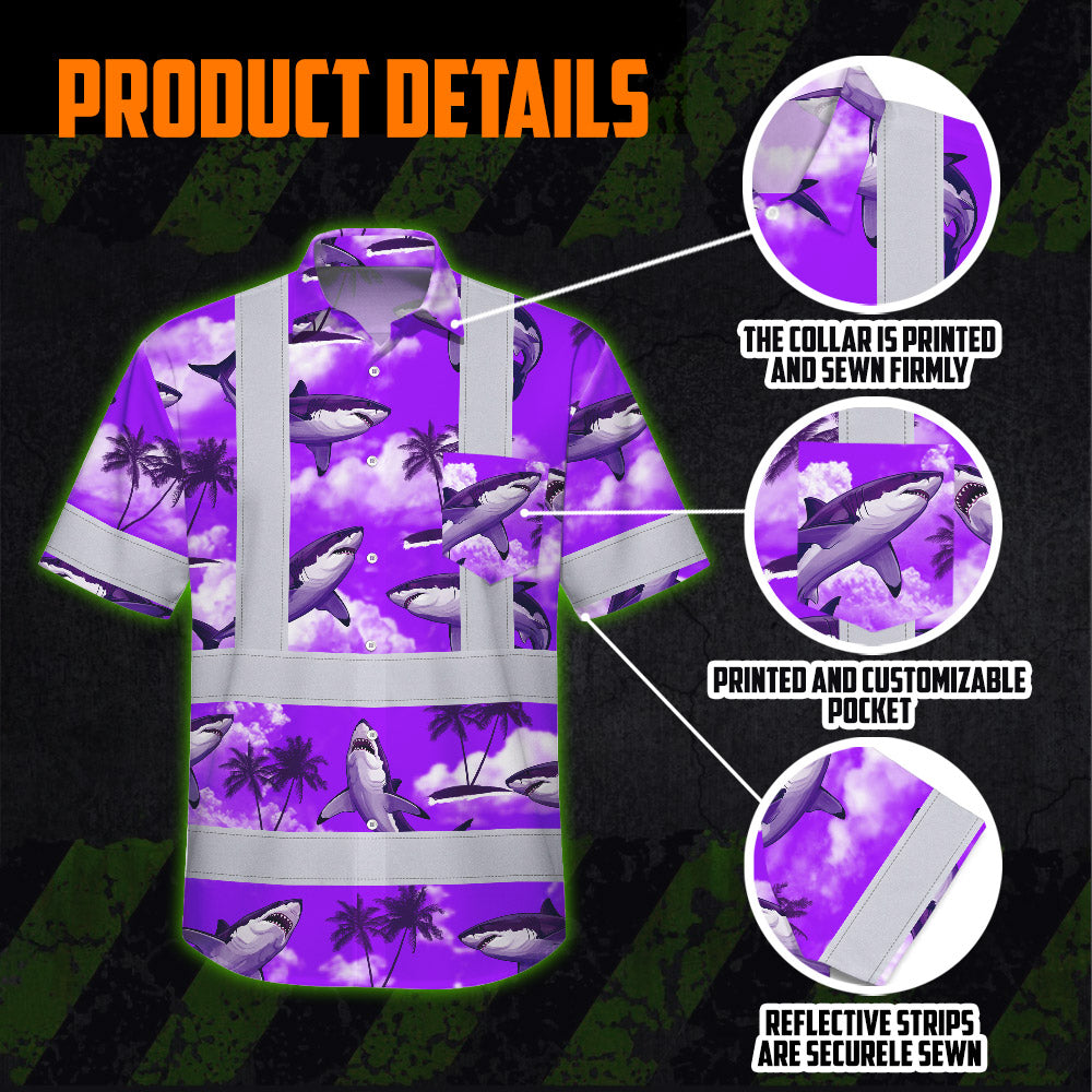 Hi Vis Hawaiian Shirt Reflective Tapes Violet Neon Shark Custom Name Safety Workwear For Mechanics, Workers, Truckers, Operators