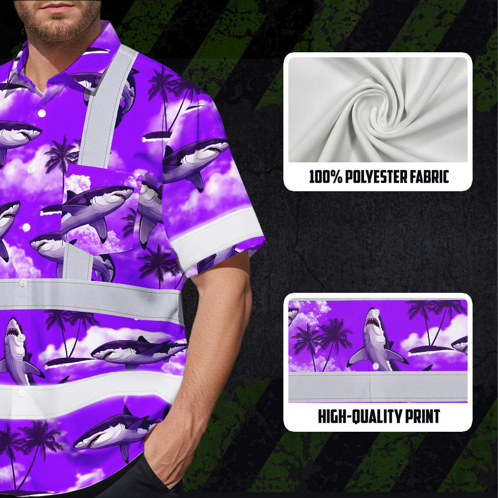 Hi Vis Hawaiian Shirt Reflective Tapes Violet Neon Shark Custom Name Safety Workwear For Mechanics, Workers, Truckers, Operators