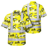 Hi Vis Hawaiian Shirt Reflective Tapes Yellow Neon Shark Custom Name Safety Workwear For Mechanics, Workers, Truckers, Operators
