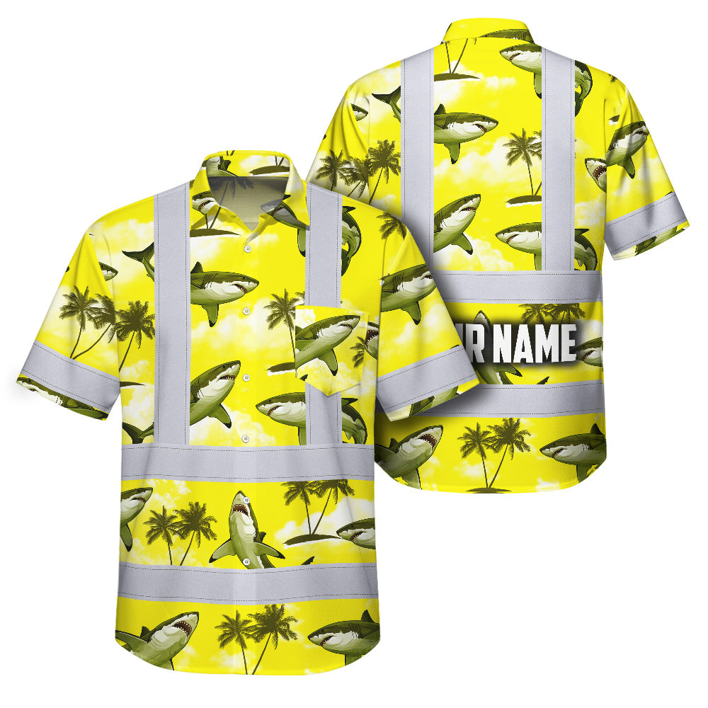 Hi Vis Hawaiian Shirt Reflective Tapes Yellow Neon Shark Custom Name Safety Workwear For Mechanics, Workers, Truckers, Operators