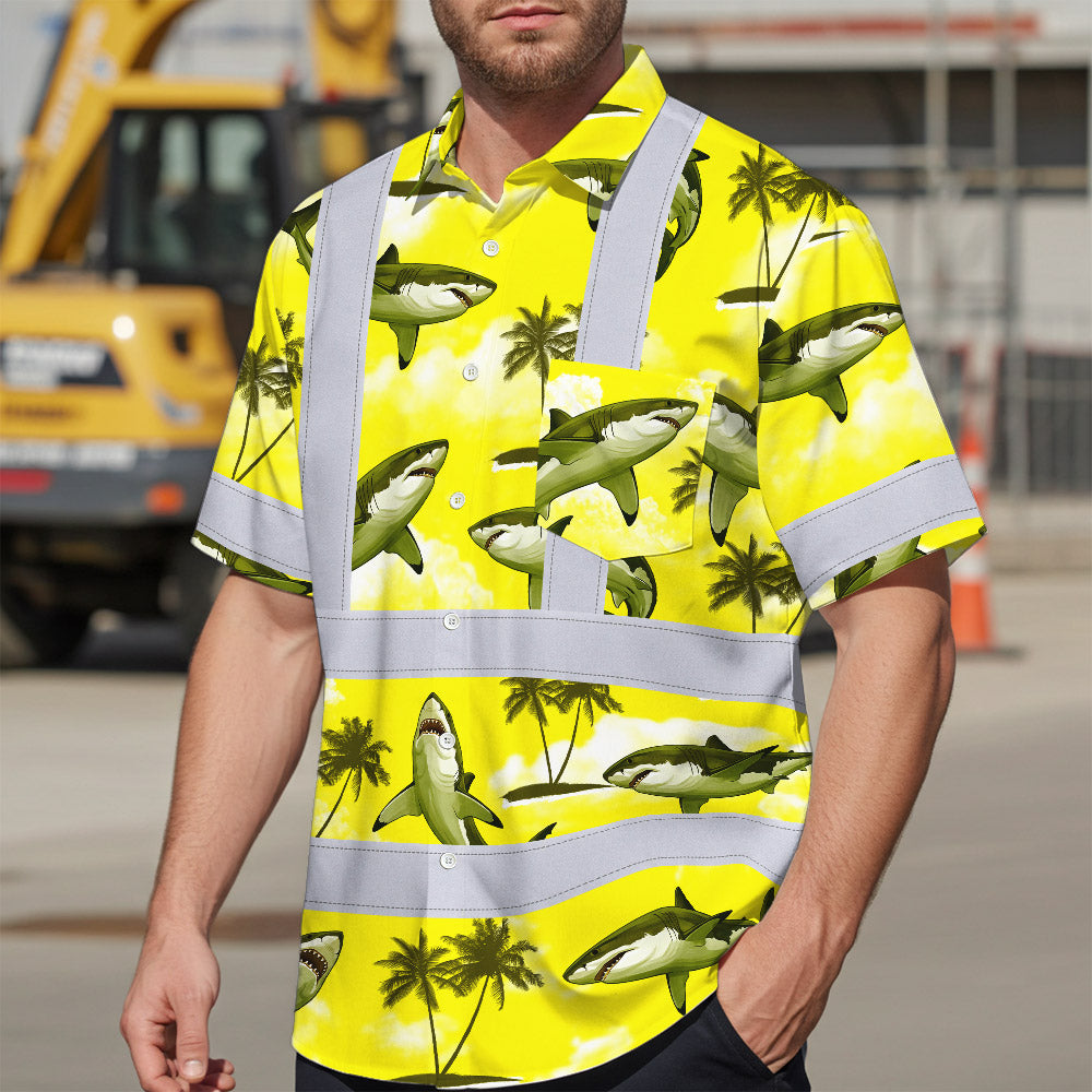 Hi Vis Hawaiian Shirt Reflective Tapes Yellow Neon Shark Custom Name Safety Workwear For Mechanics, Workers, Truckers, Operators