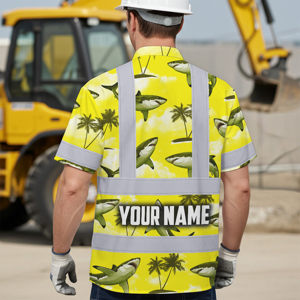 Hi Vis Hawaiian Shirt Reflective Tapes Yellow Neon Shark Custom Name Safety Workwear For Mechanics, Workers, Truckers, Operators