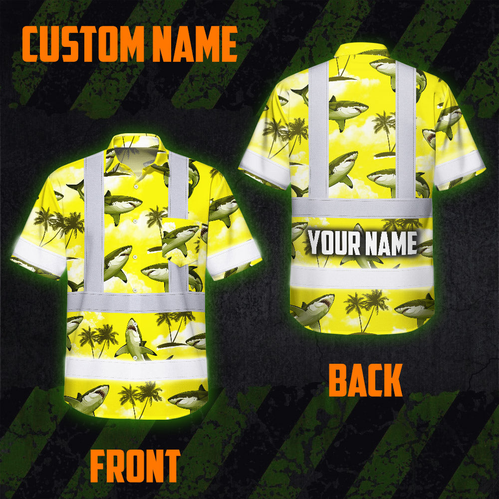 Hi Vis Hawaiian Shirt Reflective Tapes Yellow Neon Shark Custom Name Safety Workwear For Mechanics, Workers, Truckers, Operators