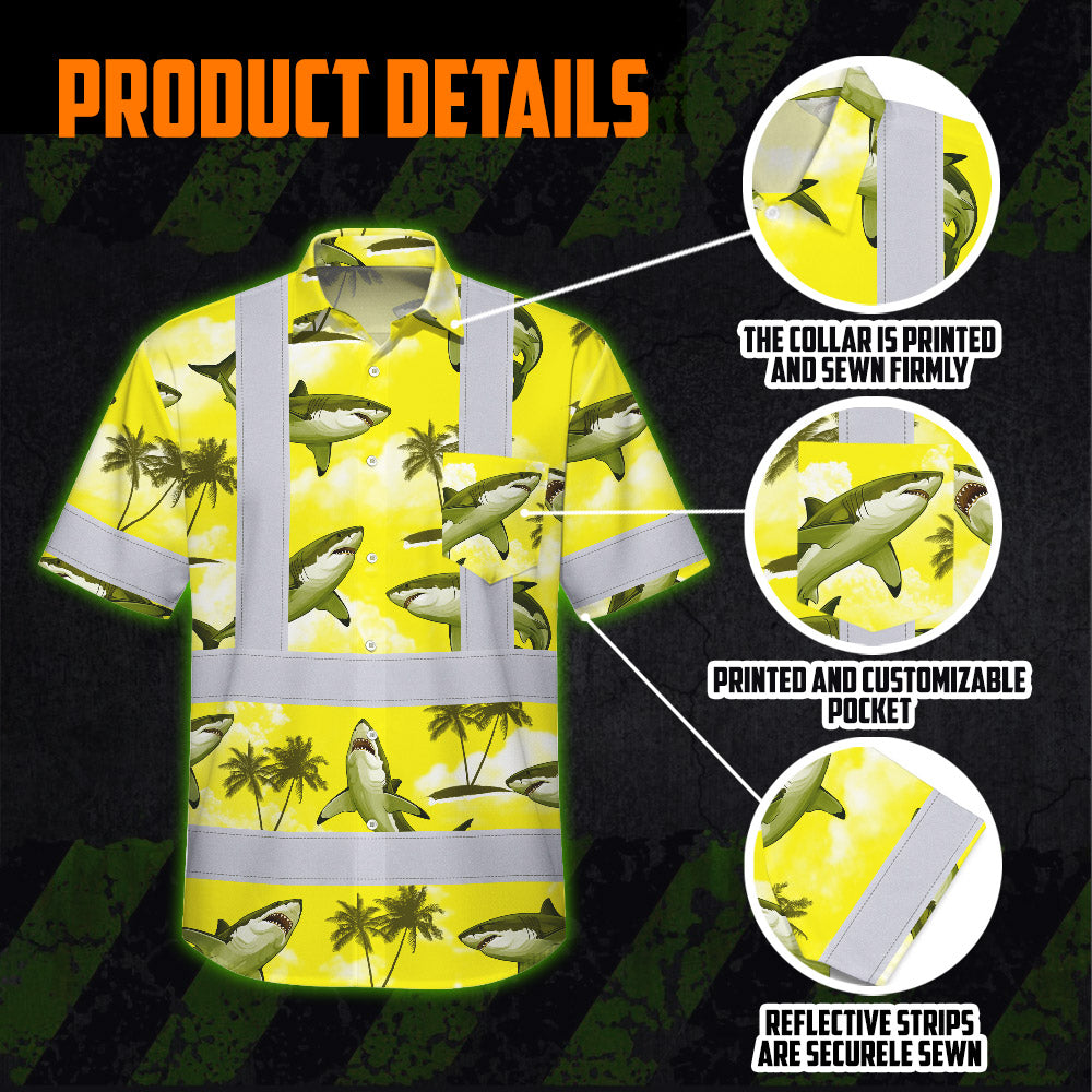Hi Vis Hawaiian Shirt Reflective Tapes Yellow Neon Shark Custom Name Safety Workwear For Mechanics, Workers, Truckers, Operators