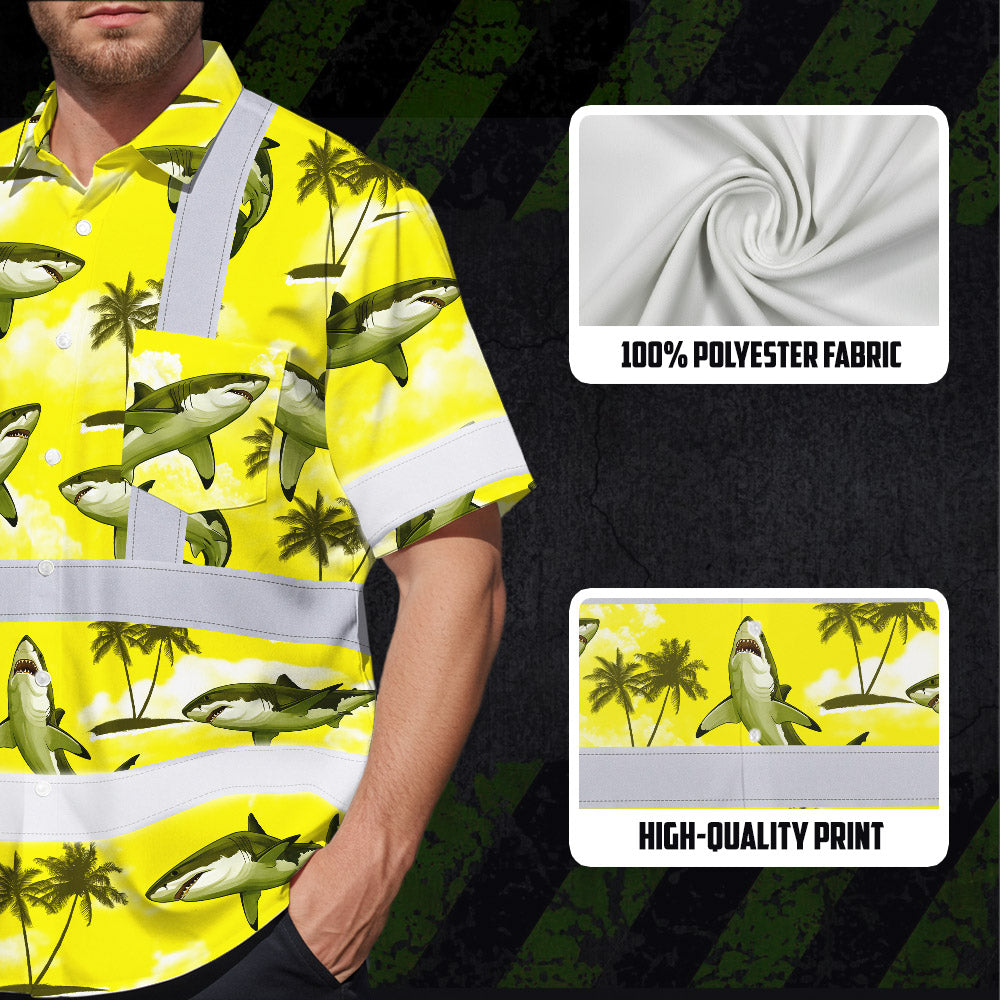 Hi Vis Hawaiian Shirt Reflective Tapes Yellow Neon Shark Custom Name Safety Workwear For Mechanics, Workers, Truckers, Operators