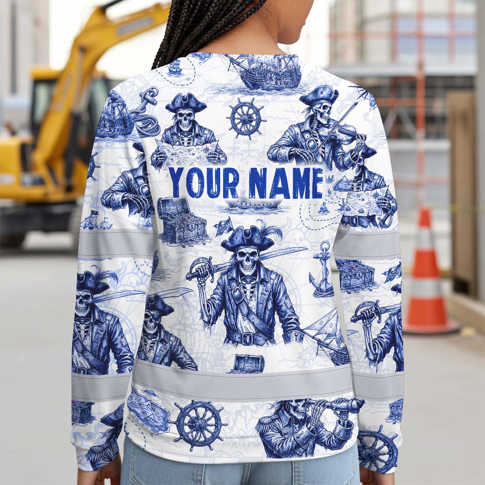 White Blue Skull Boat Hi-Vis Long Sleeve Shirt