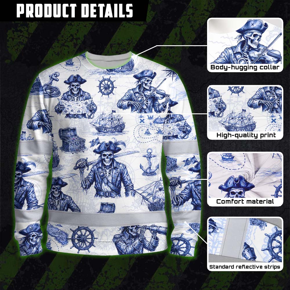 White Blue Skull Boat Hi-Vis Long Sleeve Shirt
